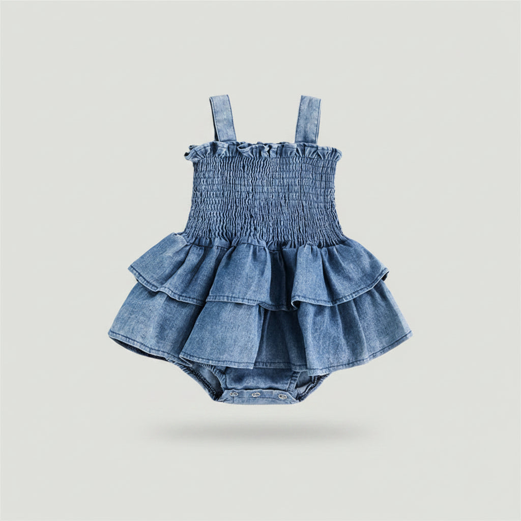 Ruffled Smocked Denim Romper With Adjustable Straps