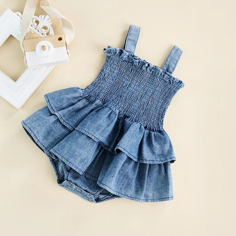 Ruffled Smocked Denim Romper With Adjustable Straps