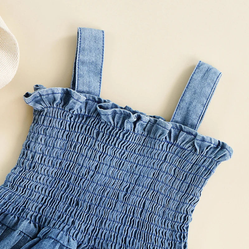 Ruffled Smocked Denim Romper With Adjustable Straps