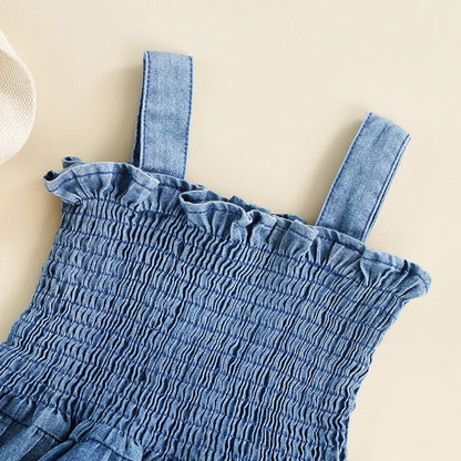 Ruffled Smocked Denim Romper With Adjustable Straps