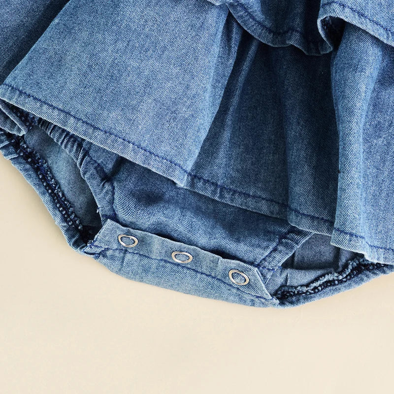 Ruffled Smocked Denim Romper With Adjustable Straps