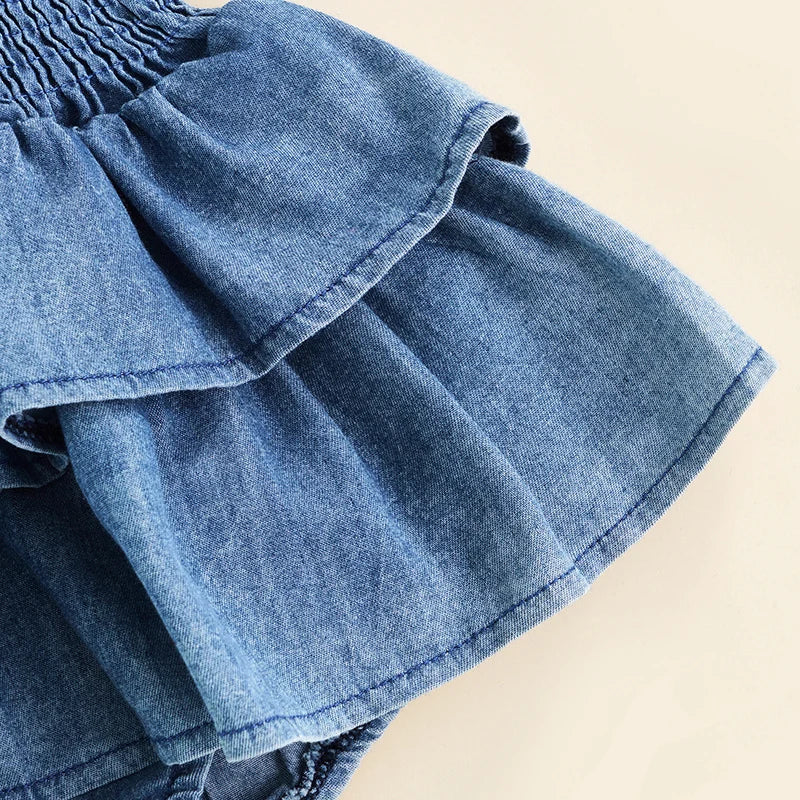 Ruffled Smocked Denim Romper With Adjustable Straps