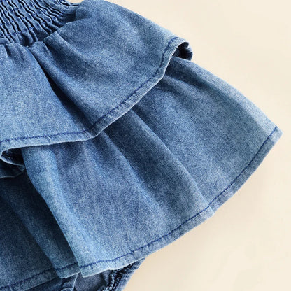 Ruffled Smocked Denim Romper With Adjustable Straps