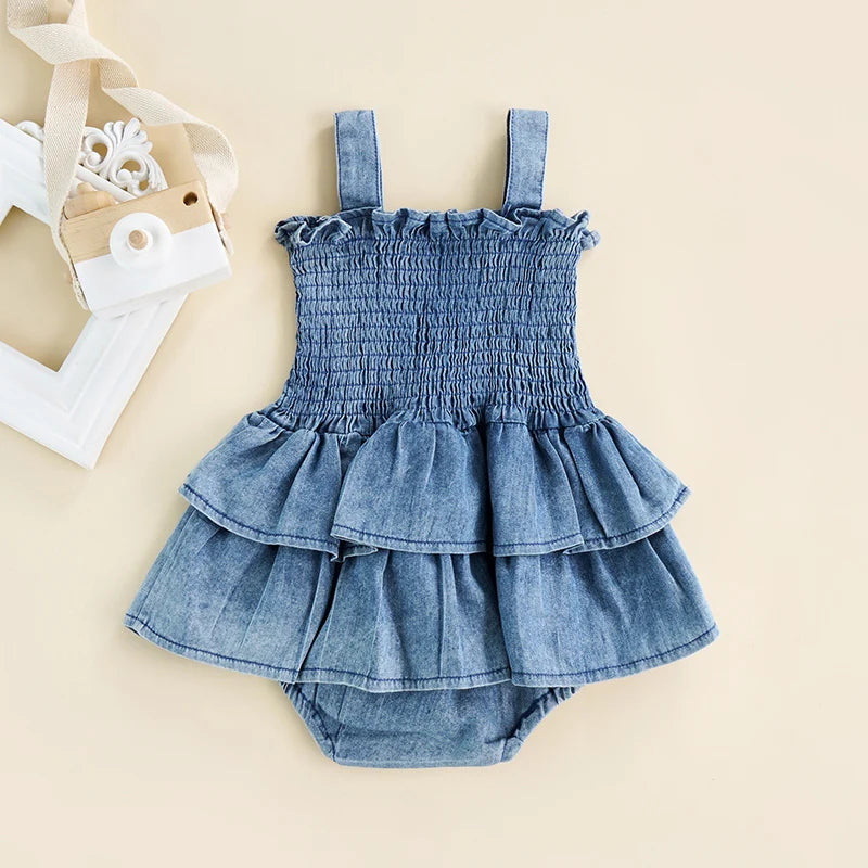 Ruffled Smocked Denim Romper With Adjustable Straps