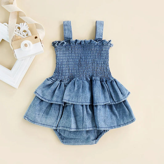 Ruffled Smocked Denim Romper With Adjustable Straps