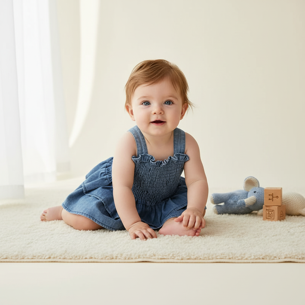 Ruffled Smocked Denim Romper With Adjustable Straps