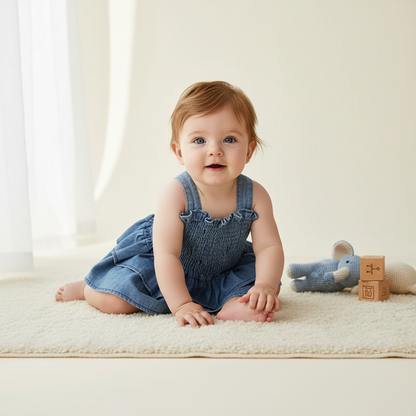 Ruffled Smocked Denim Romper With Adjustable Straps