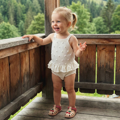 White Knit Pom Pom Romper With Ruffle Hem