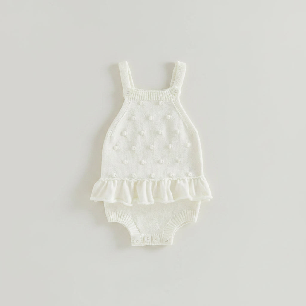 White Knit Pom Pom Romper With Ruffle Hem