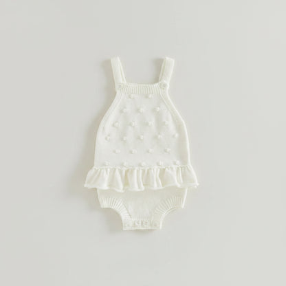 White Knit Pom Pom Romper With Ruffle Hem