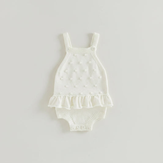 White Knit Pom Pom Romper With Ruffle Hem