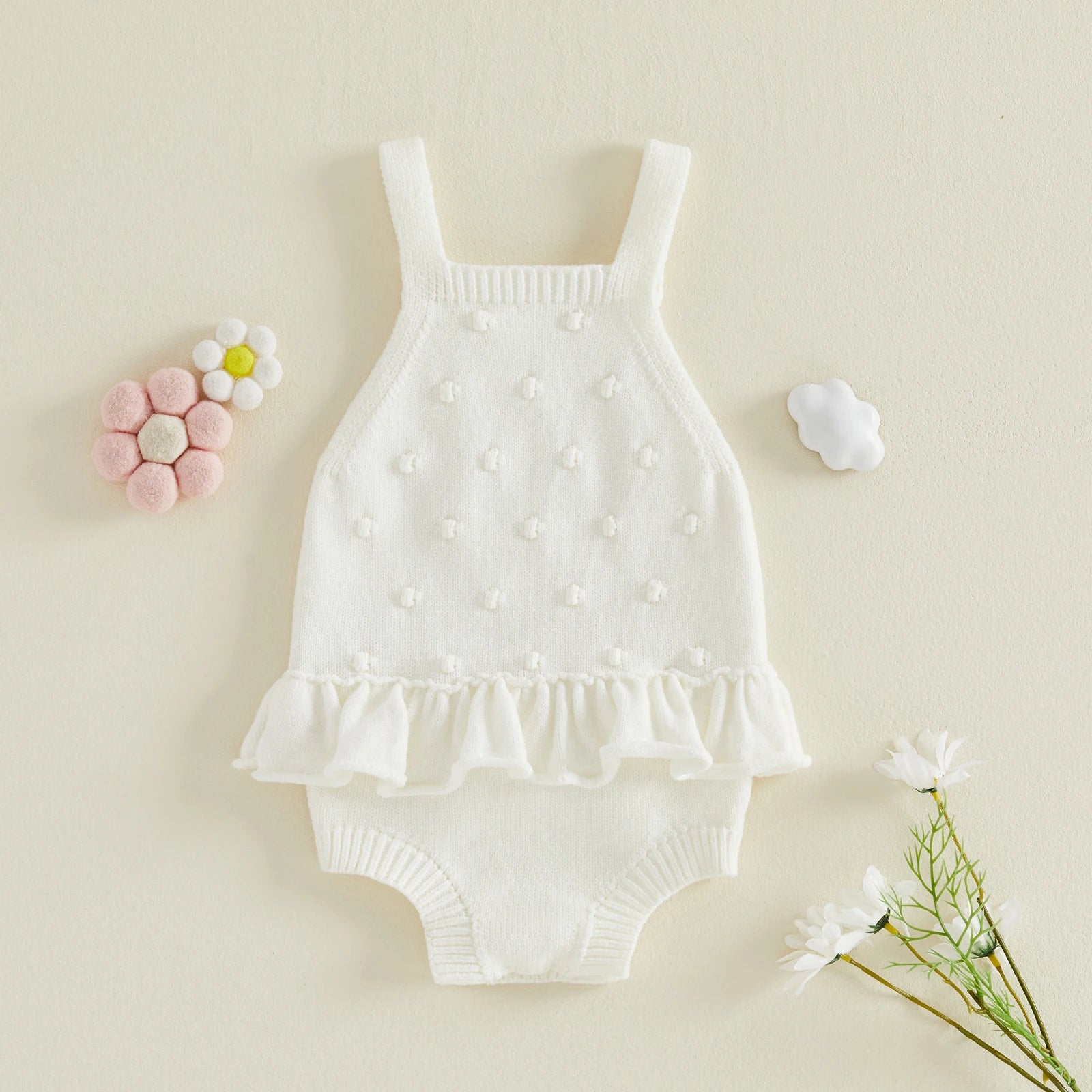 White Knit Pom Pom Romper With Ruffle Hem