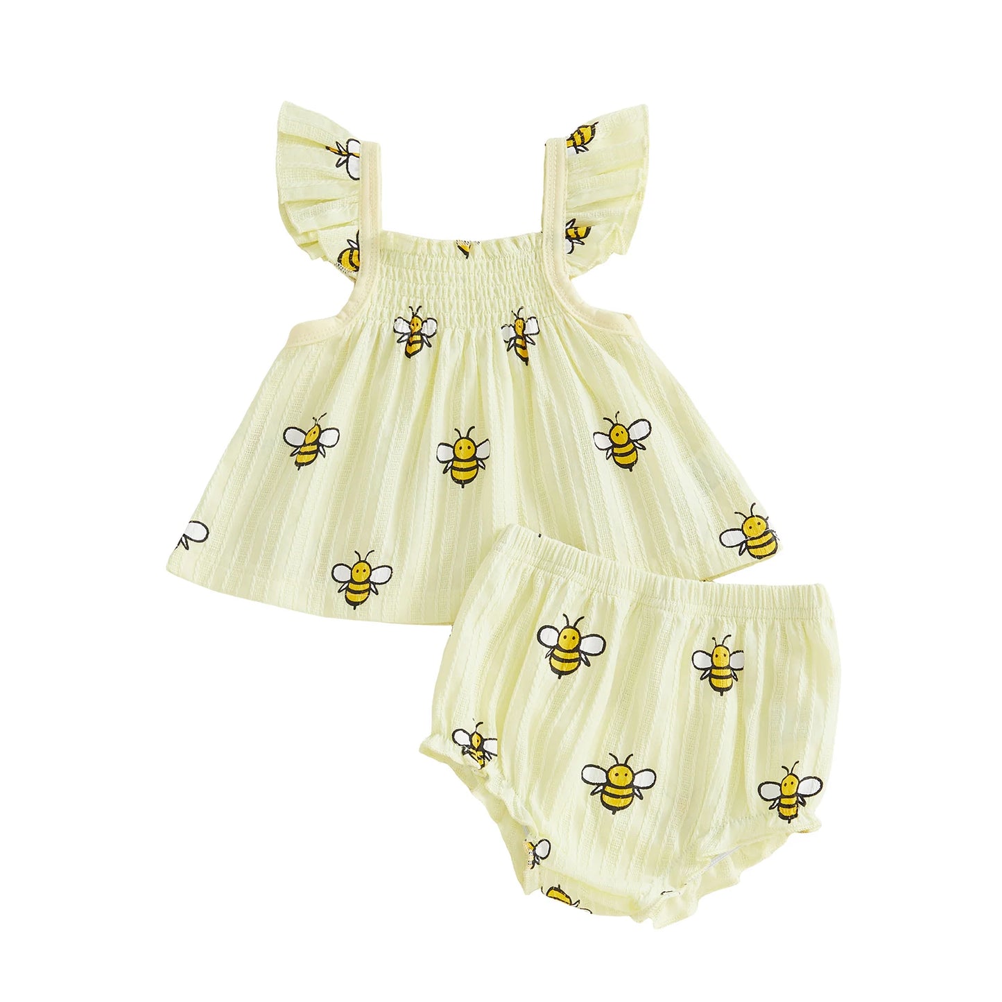 Cotton Yellow Bee Print Ruffle Top & Shorts Set