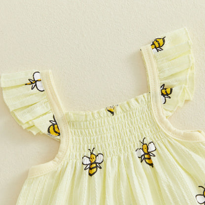 Cotton Yellow Bee Print Ruffle Top & Shorts Set