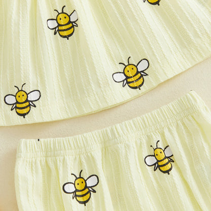 Cotton Yellow Bee Print Ruffle Top & Shorts Set