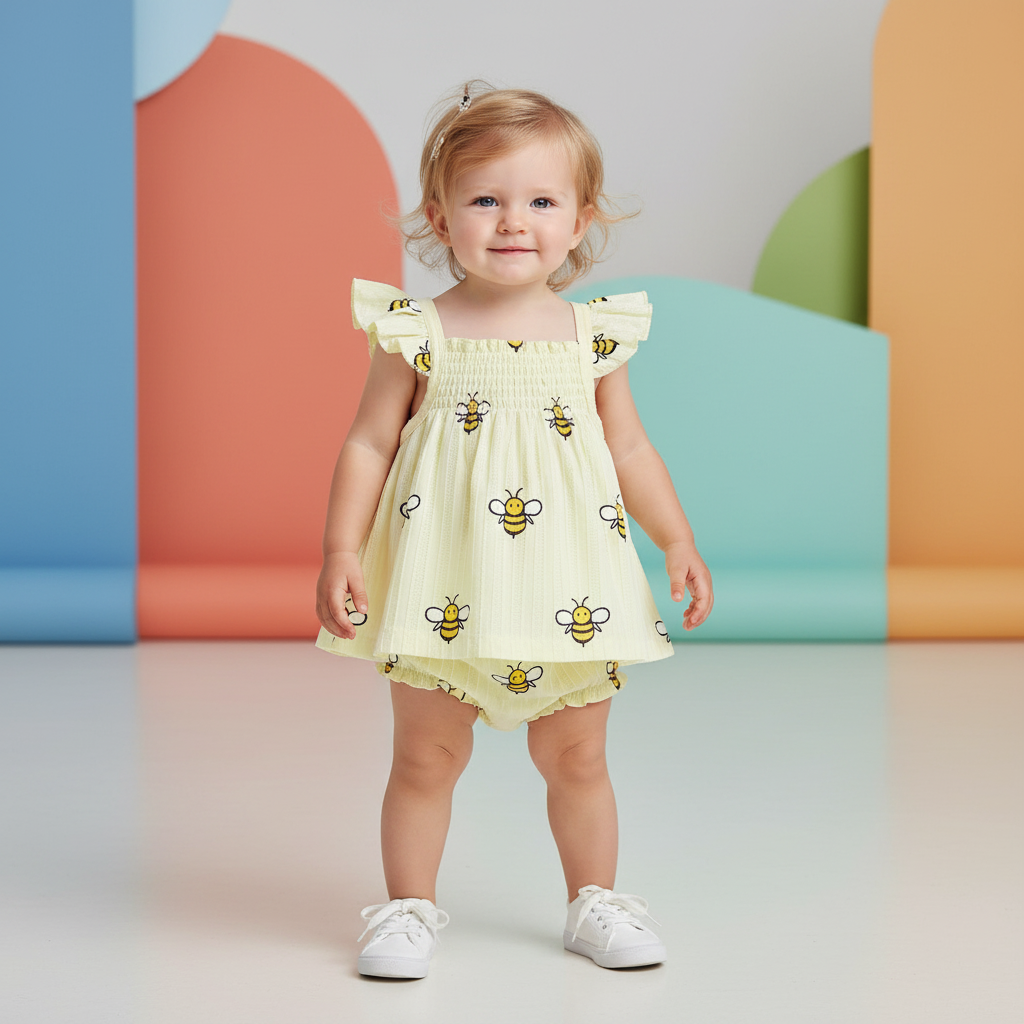 Cotton Yellow Bee Print Ruffle Top & Shorts Set