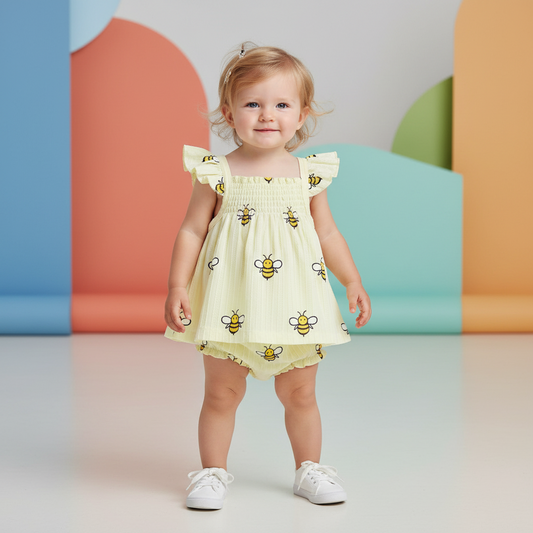 Cotton Yellow Bee Print Ruffle Top & Shorts Set