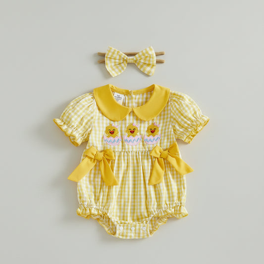 Cotton Yellow Gingham Romper With Bow Headband Set
