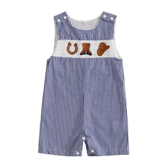 Cotton Gingham Overalls With Farm Animal & Tractor Embroidery