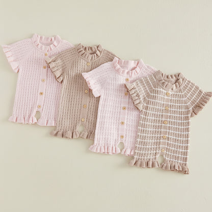 Ruffled Knit Rompers In Pink & Beige Striped Designs