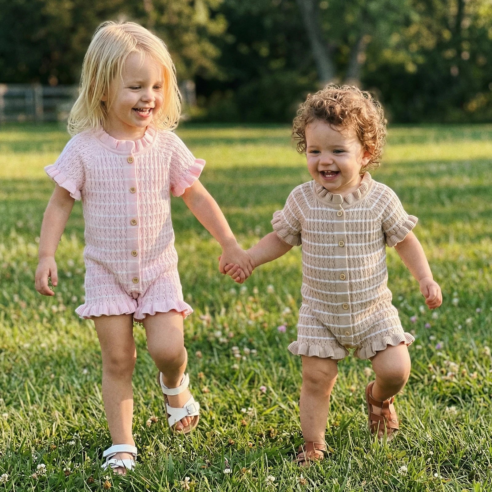 Ruffled Knit Rompers In Pink & Beige Striped Designs