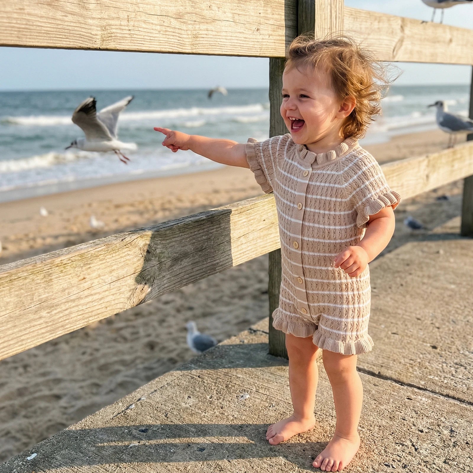 Ruffled Knit Rompers In Pink & Beige Striped Designs