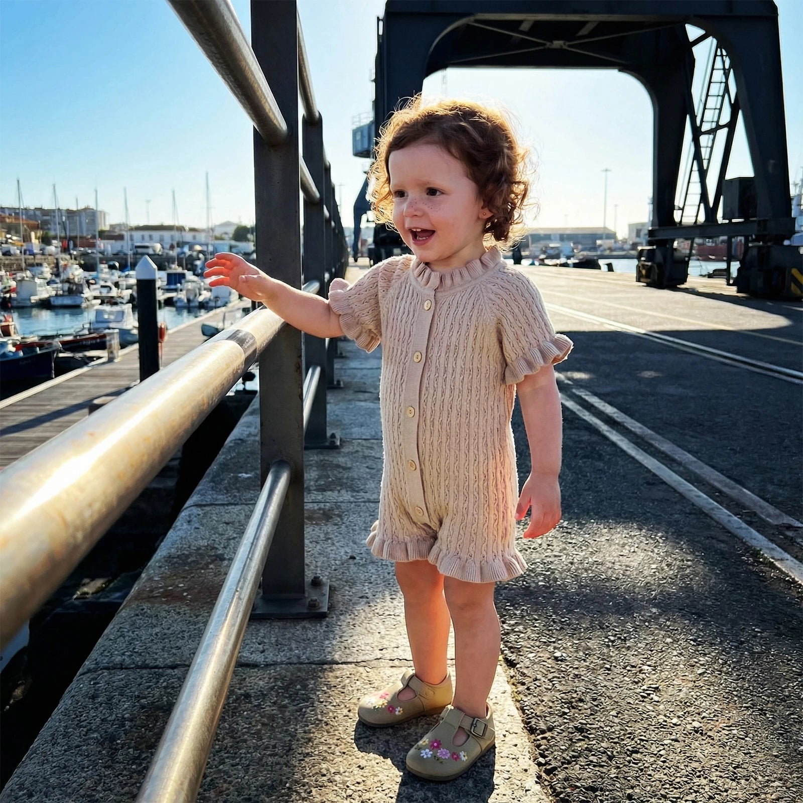 Ruffled Knit Rompers In Pink & Beige Striped Designs