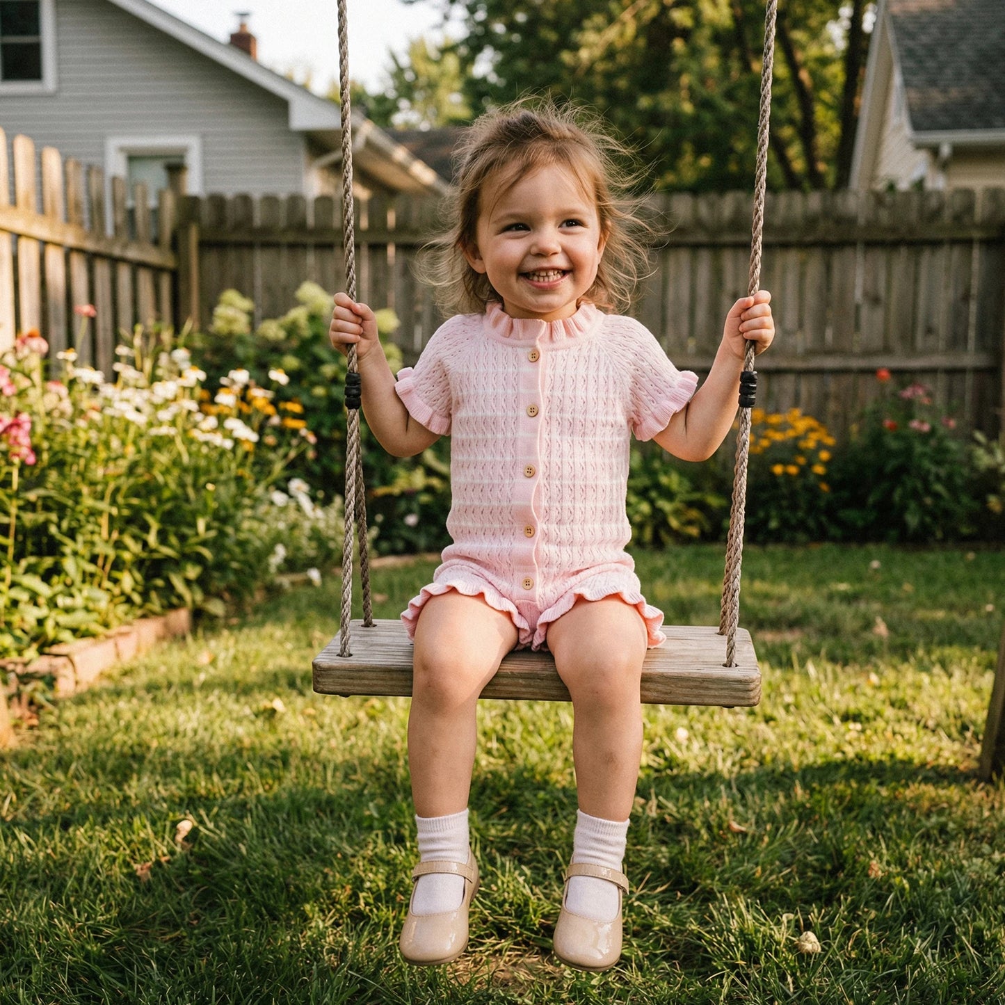 Ruffled Knit Rompers In Pink & Beige Striped Designs