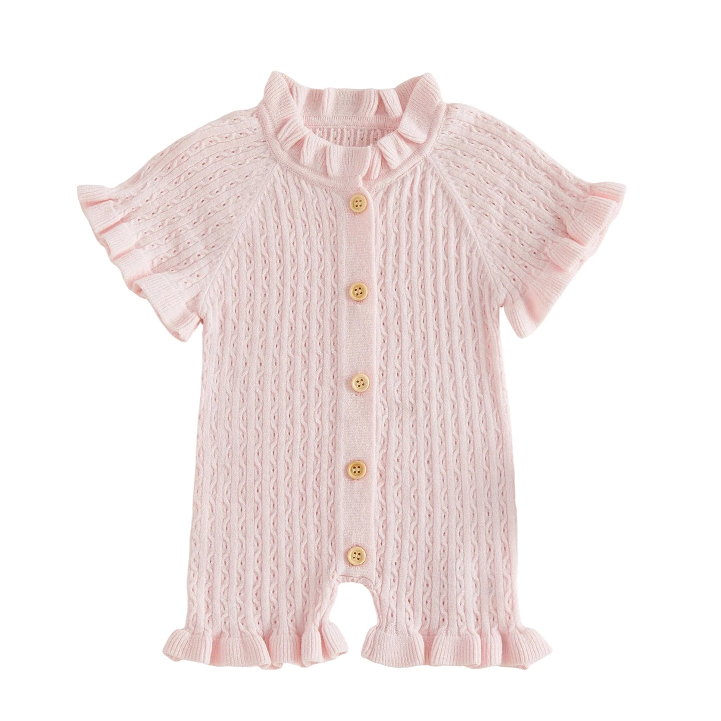 Ruffled Knit Rompers In Pink & Beige Striped Designs