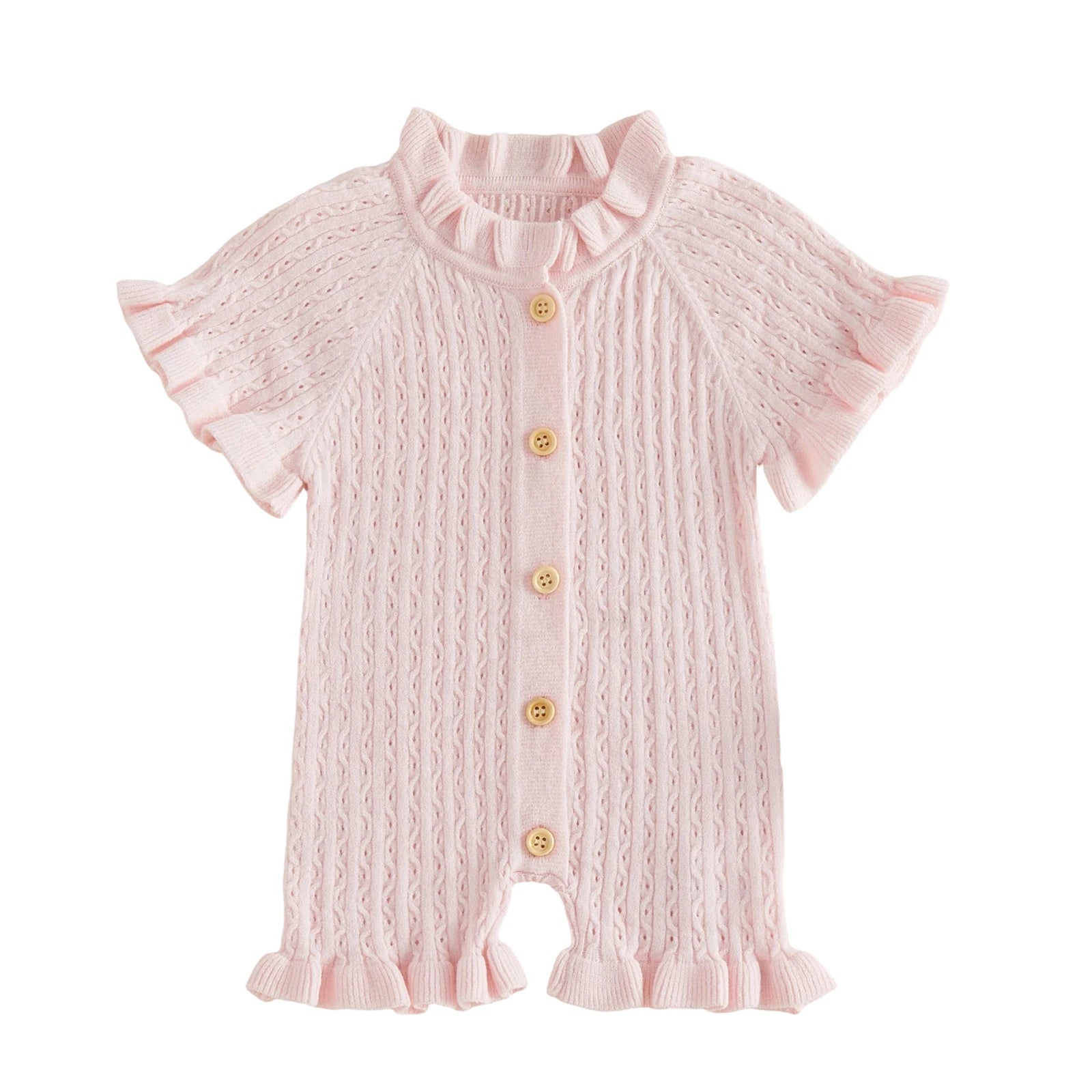 Ruffled Knit Rompers In Pink & Beige Striped Designs