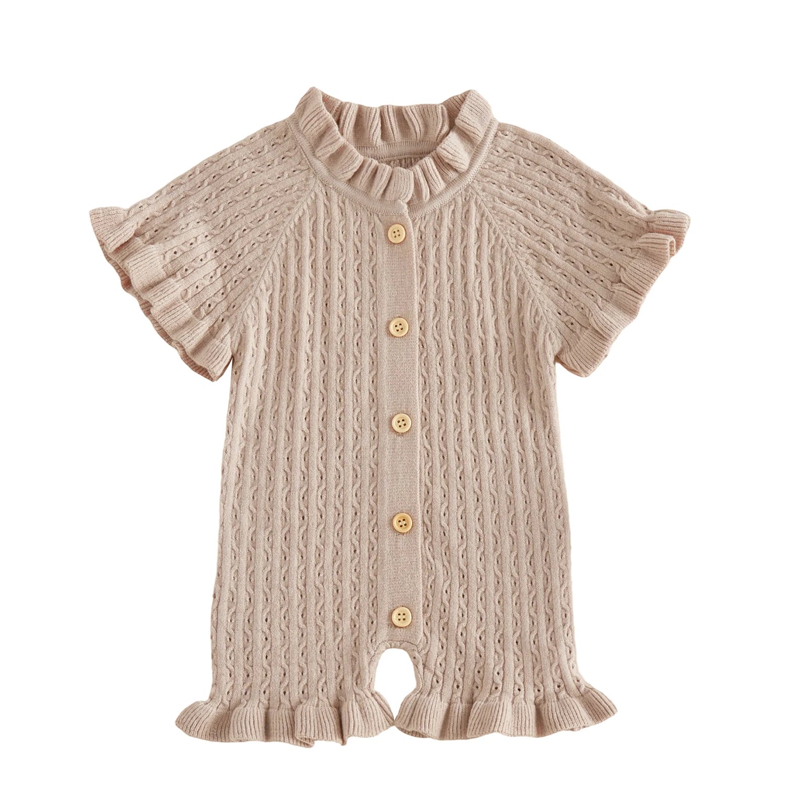 Ruffled Knit Rompers In Pink & Beige Striped Designs