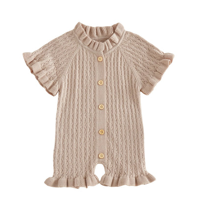 Ruffled Knit Rompers In Pink & Beige Striped Designs