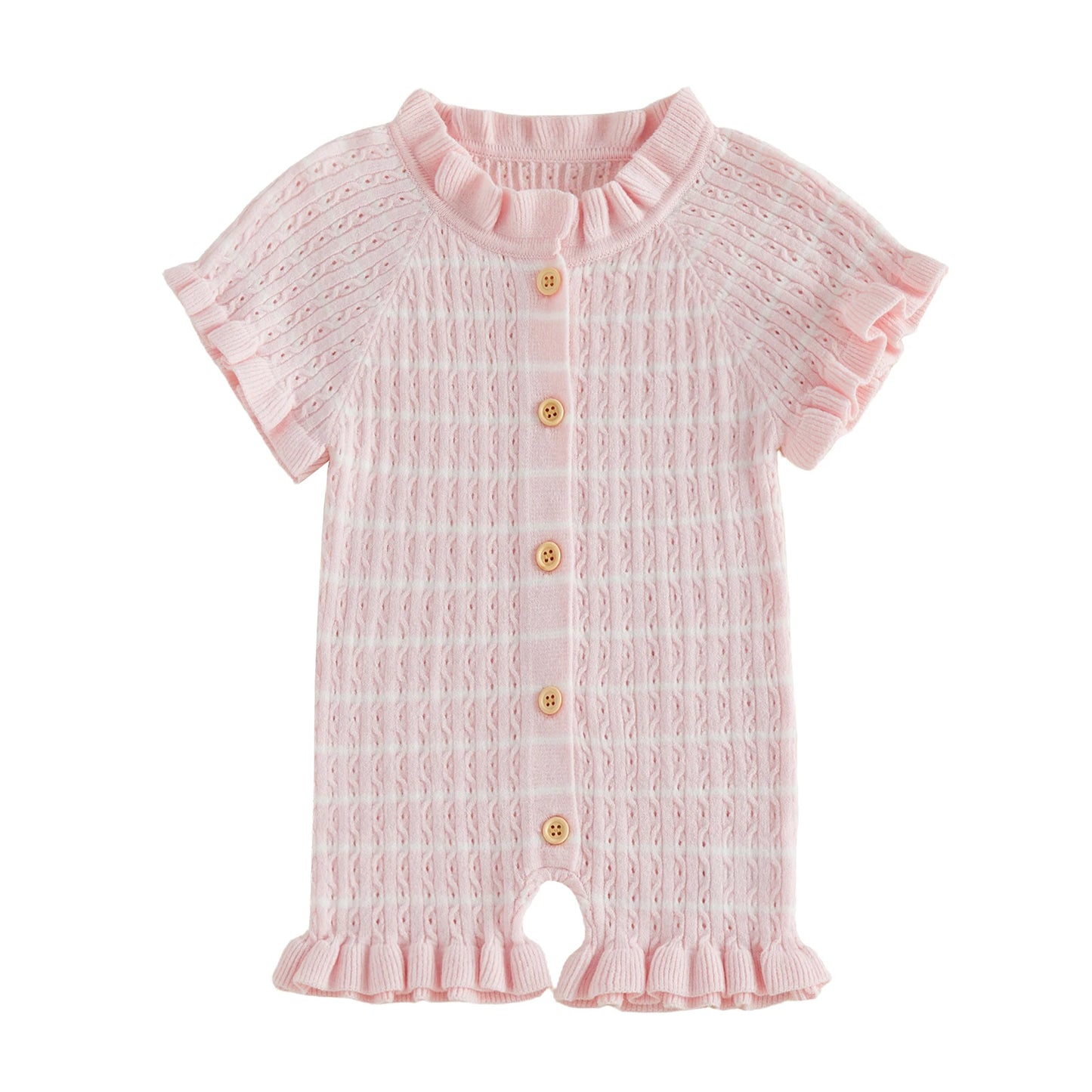 Ruffled Knit Rompers In Pink & Beige Striped Designs