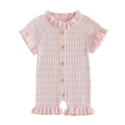 Ruffled Knit Rompers In Pink & Beige Striped Designs