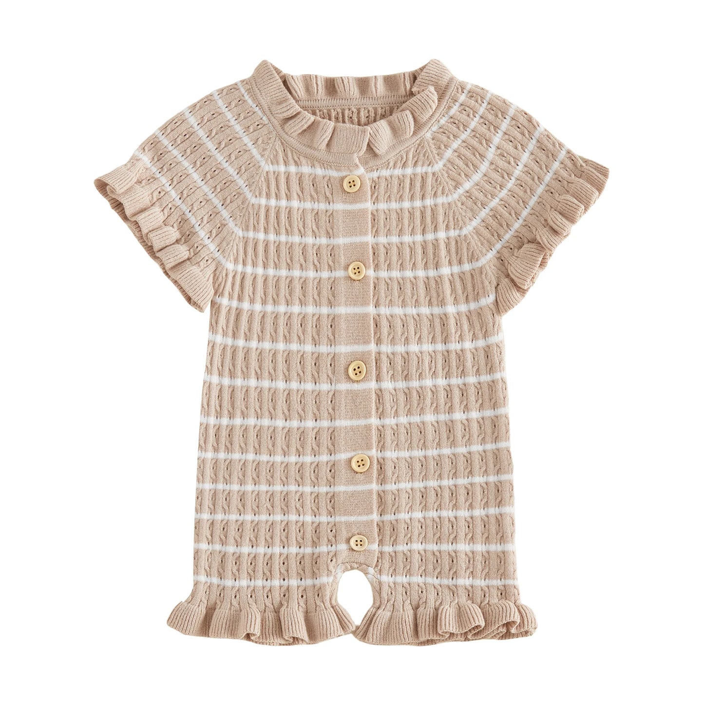 Ruffled Knit Rompers In Pink & Beige Striped Designs
