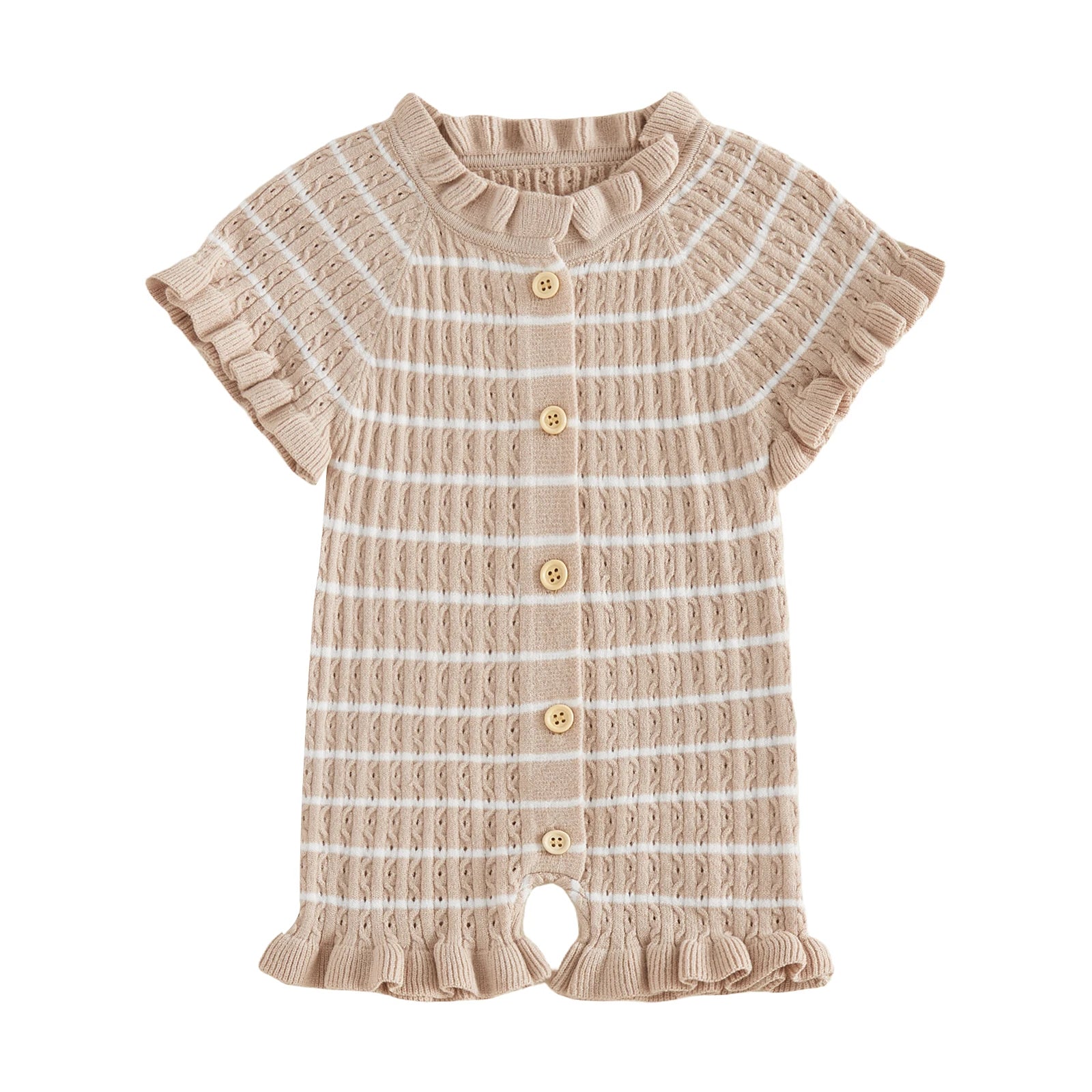 Ruffled Knit Rompers In Pink & Beige Striped Designs