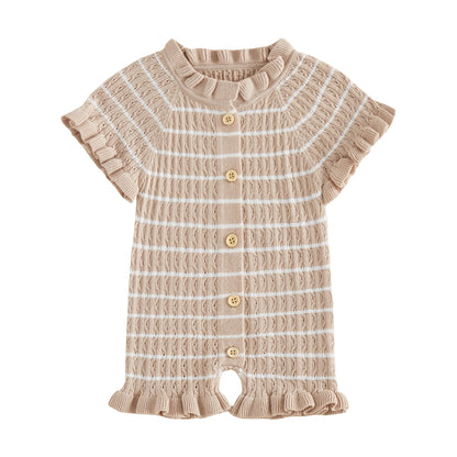 Ruffled Knit Rompers In Pink & Beige Striped Designs