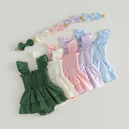 Cotton Ruffled Tiered Rompers With Matching Bow Headbands