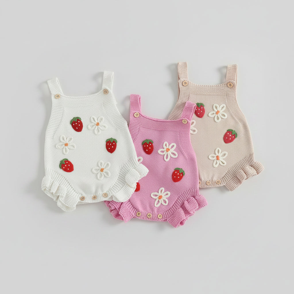 Cotton Strawberry & Daisy Knit Romper Trio