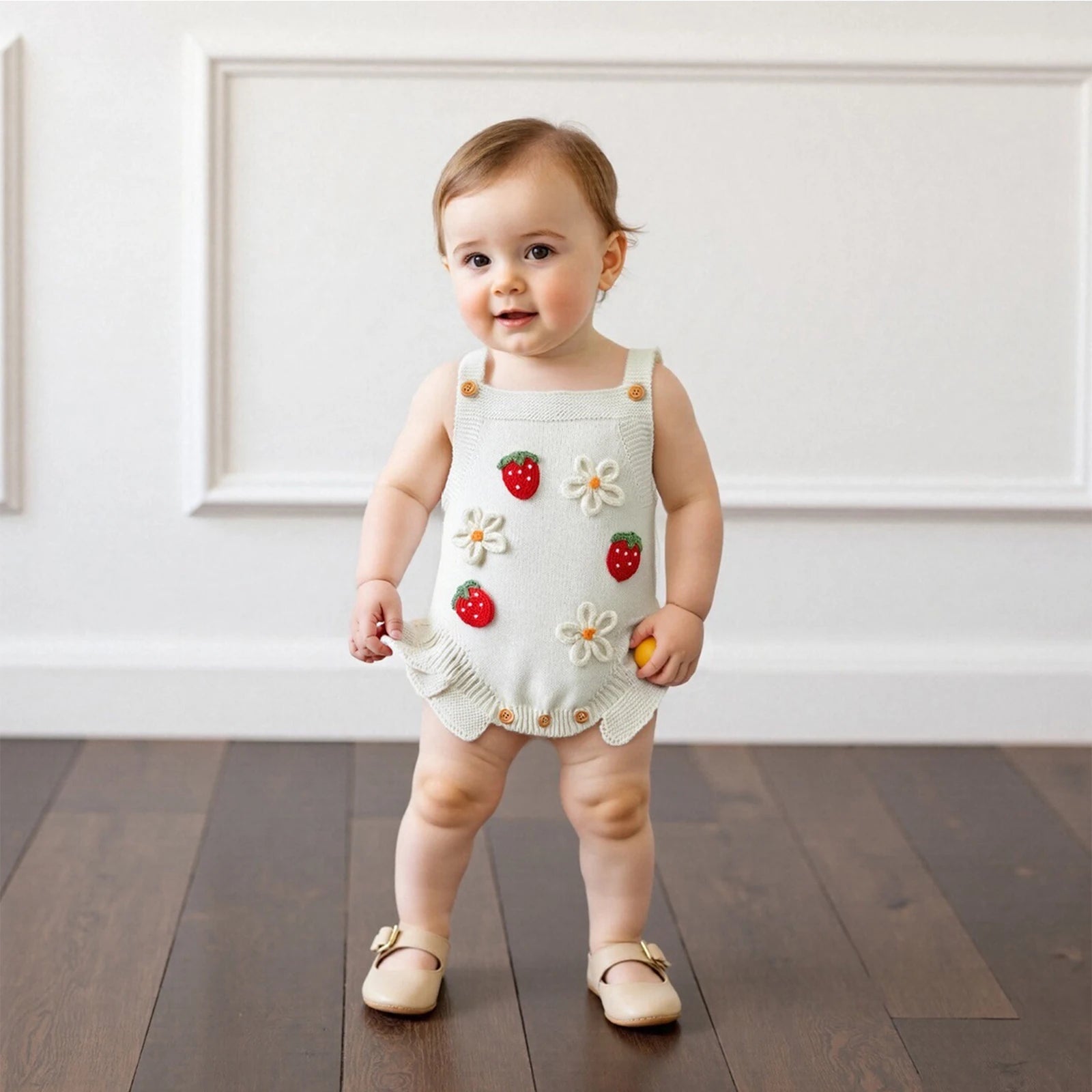 Cotton Strawberry & Daisy Knit Romper Trio
