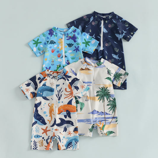 Ocean Life & Palm Tree Short Sleeve Swimwear