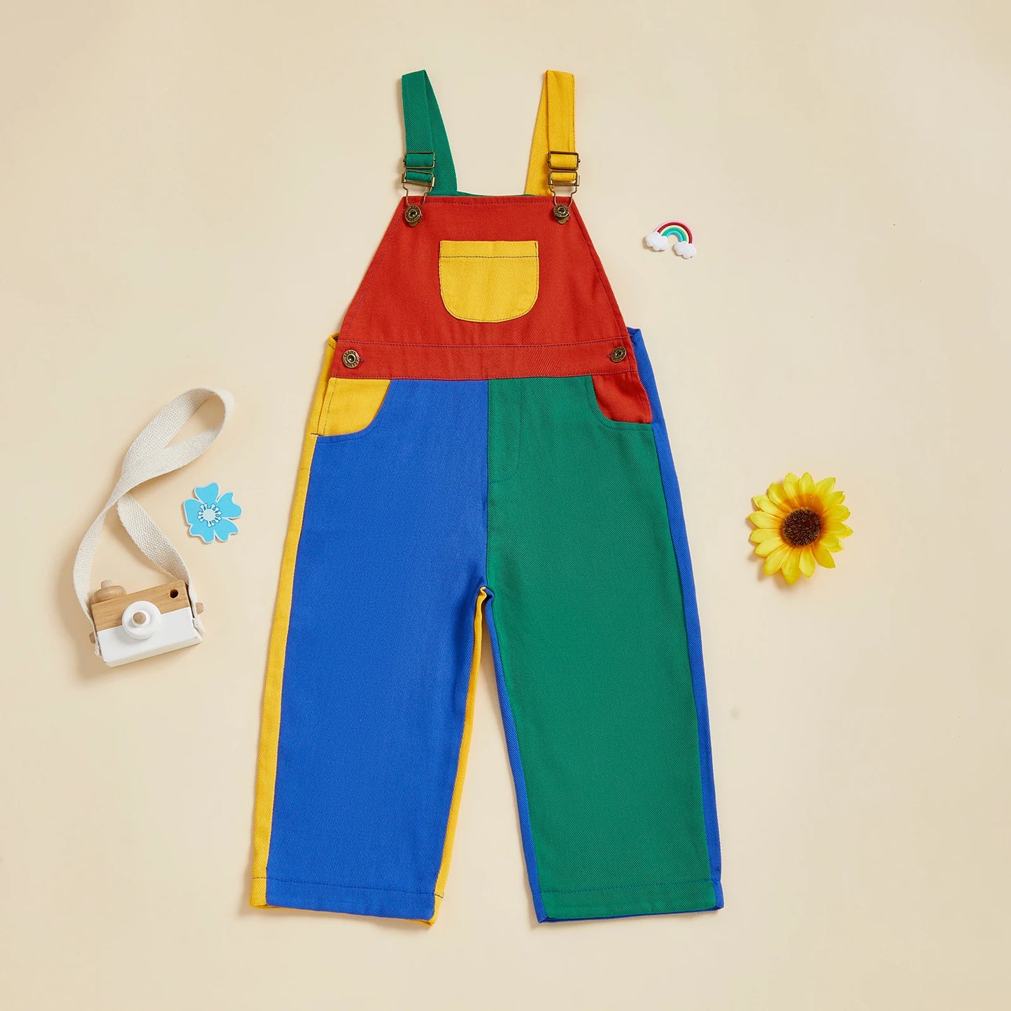 Cotton Colorblock Adjustable Strap Overalls Set