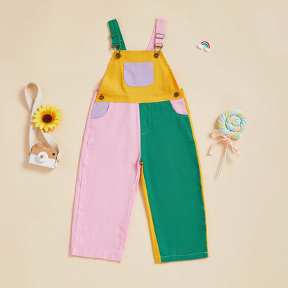 Cotton Colorblock Adjustable Strap Overalls Set