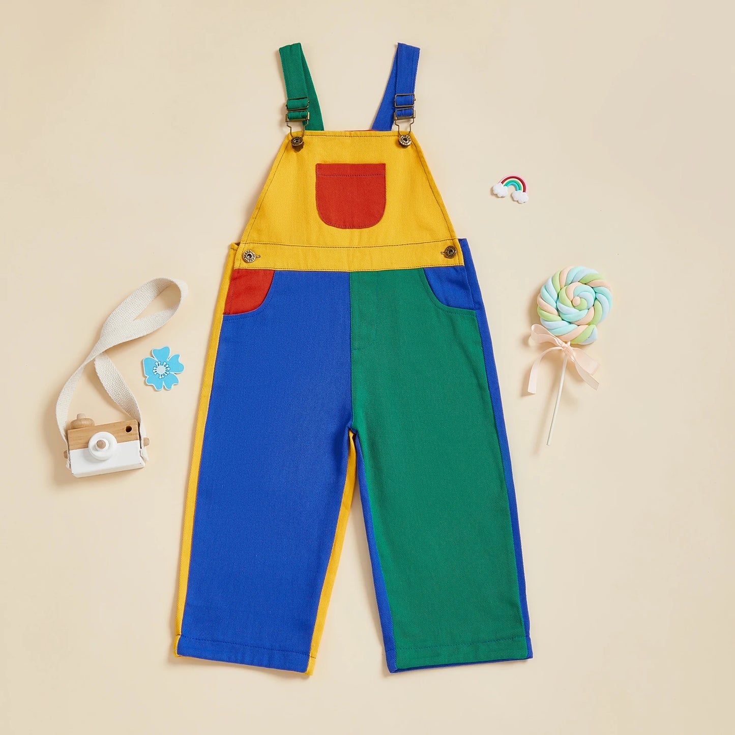 Cotton Colorblock Adjustable Strap Overalls Set