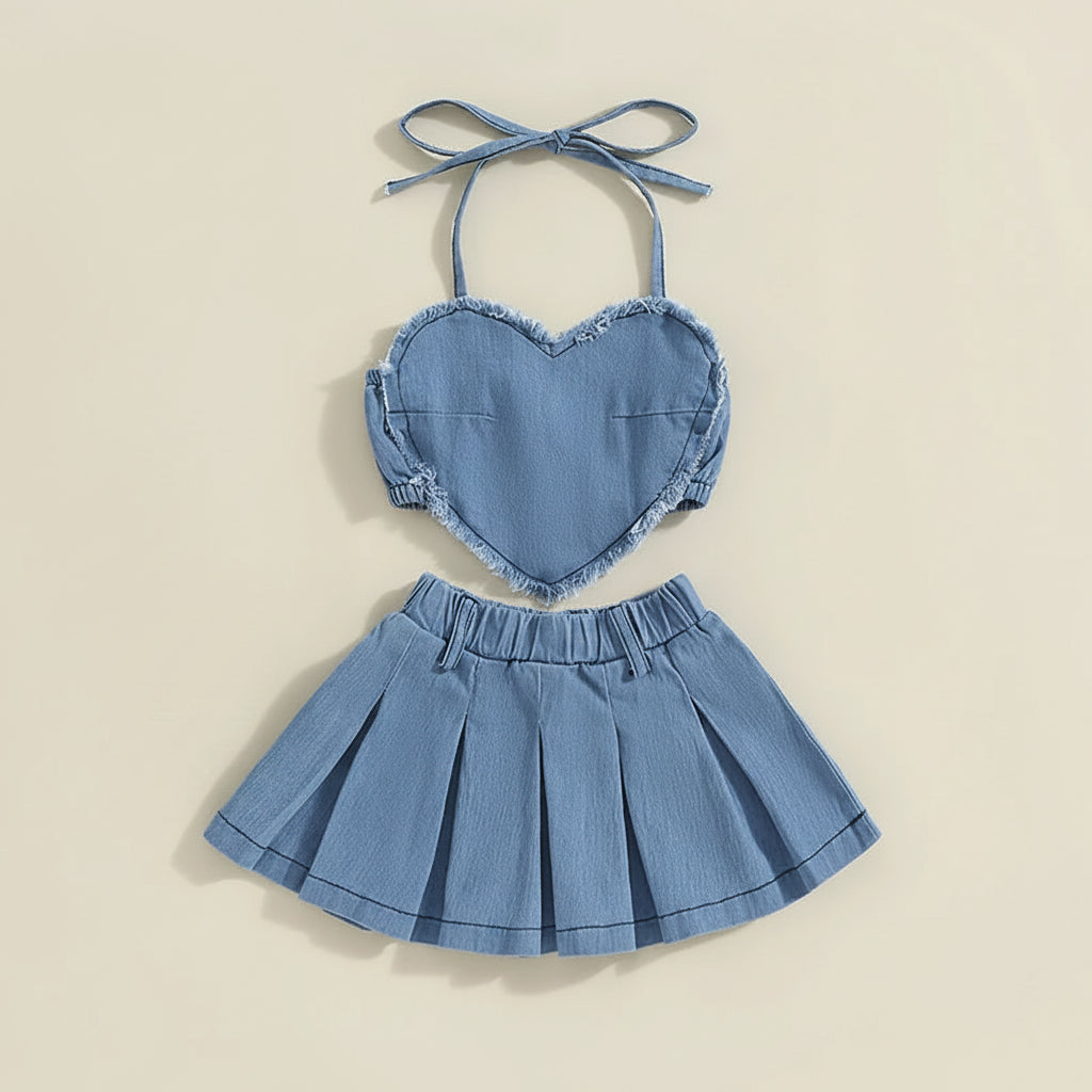 Blue Heart Halter Top & Pleated Skirt Set
