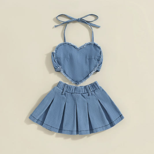 Blue Heart Halter Top & Pleated Skirt Set