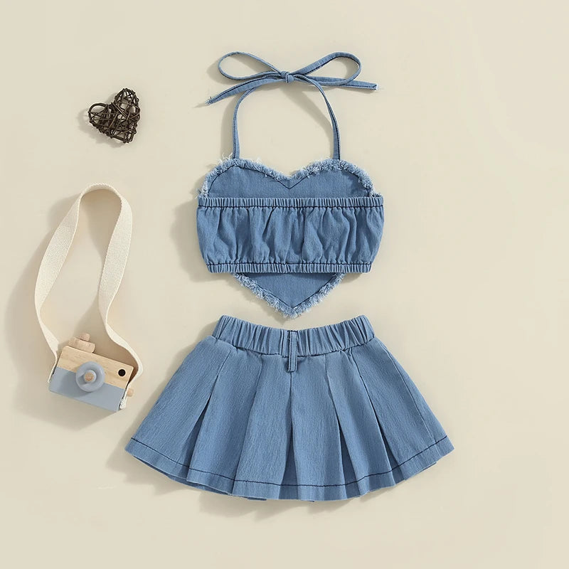 Blue Heart Halter Top & Pleated Skirt Set