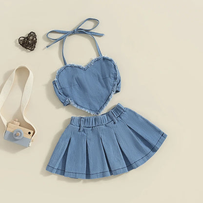 Blue Heart Halter Top & Pleated Skirt Set