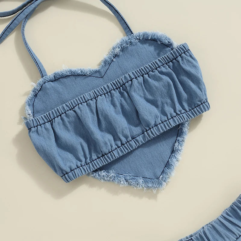 Blue Heart Halter Top & Pleated Skirt Set