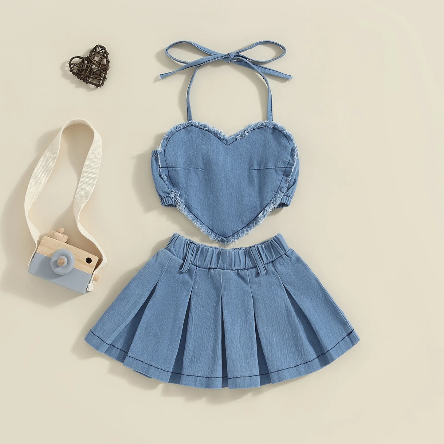 Blue Heart Halter Top & Pleated Skirt Set